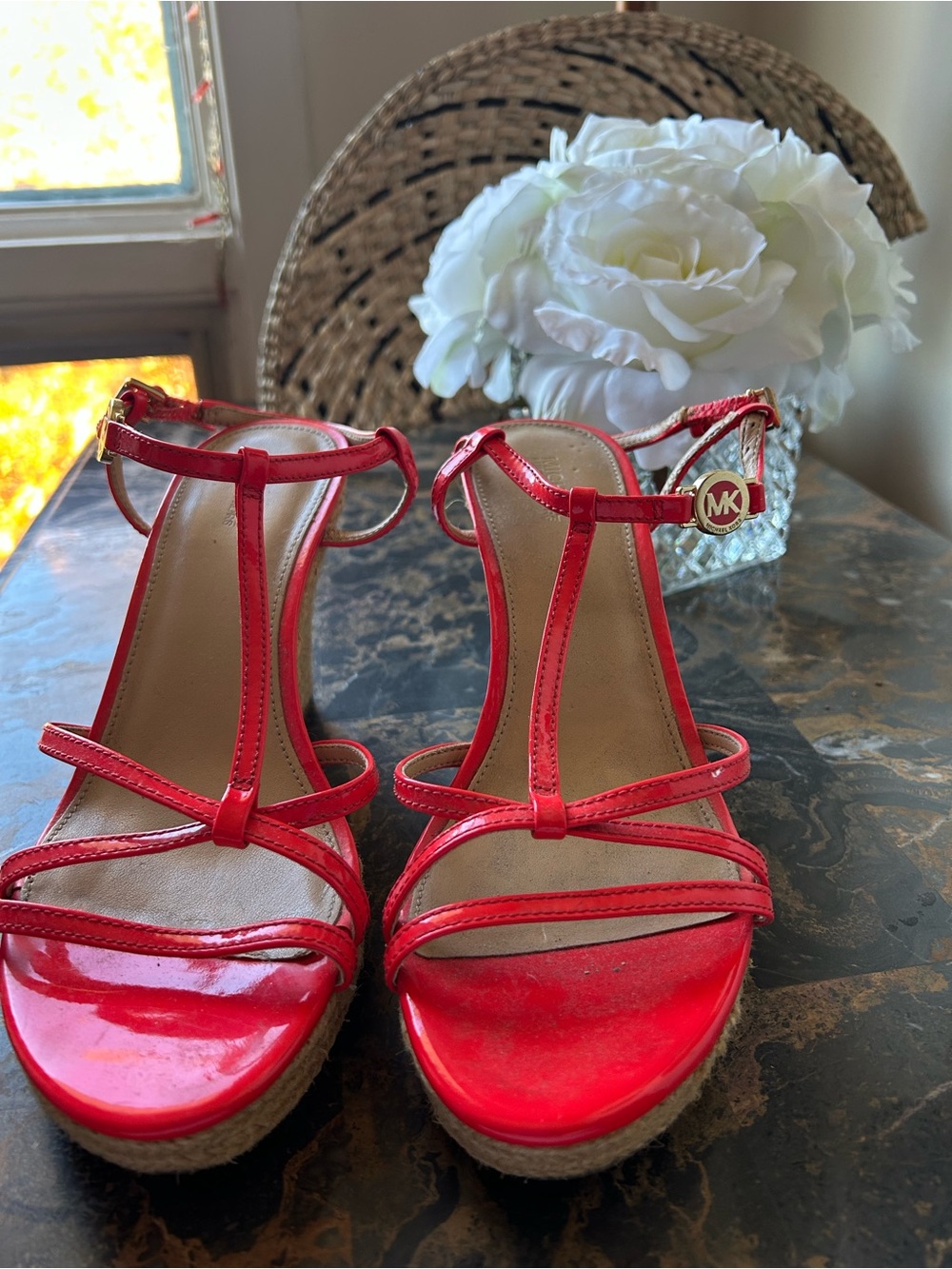 Michael Kors Red Patent T-Strap Wedge Sandals with MK Charm